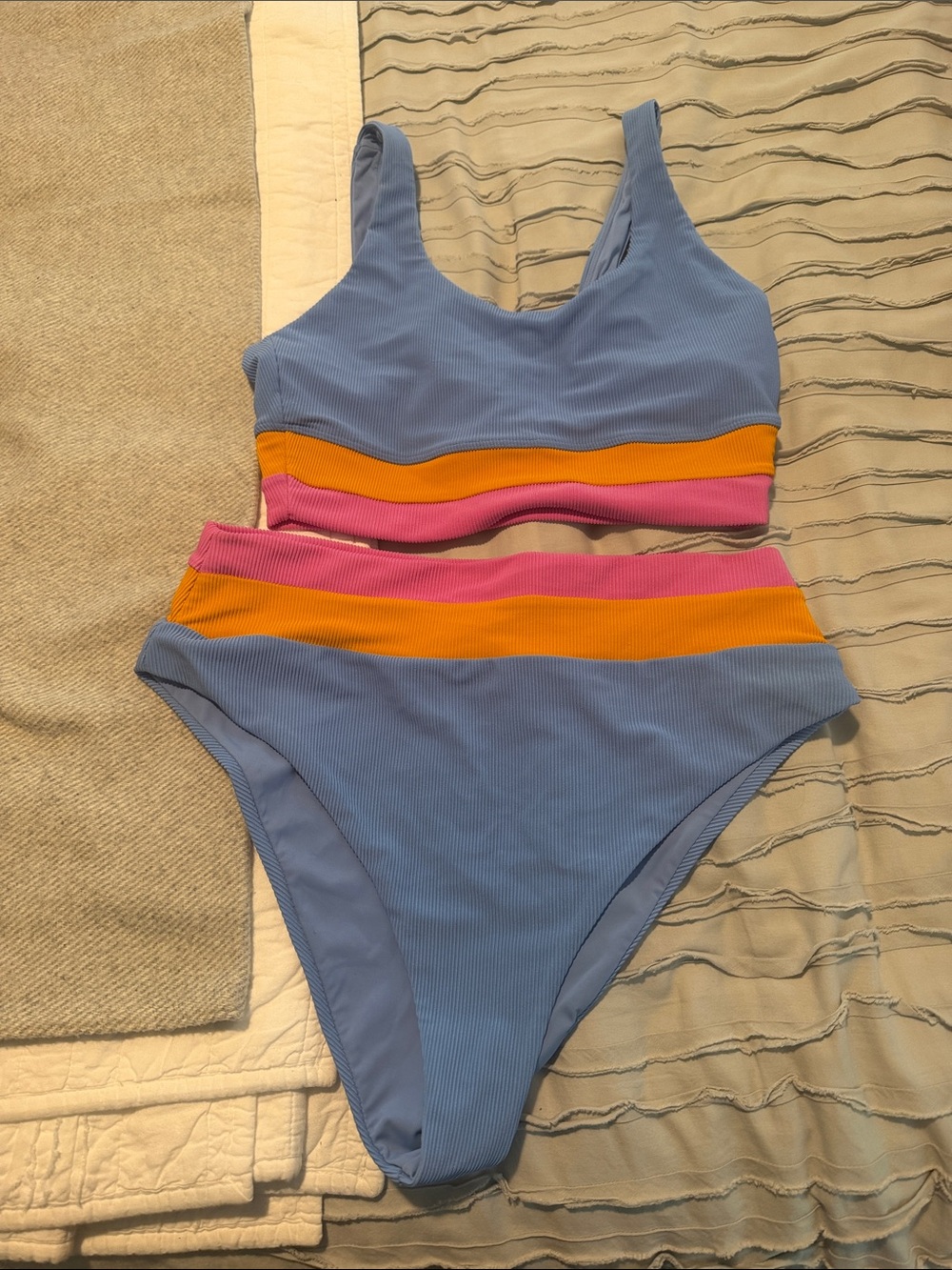 Beach Riot Powder Blue Ribbed Bikini with Pink and Orange Stripes